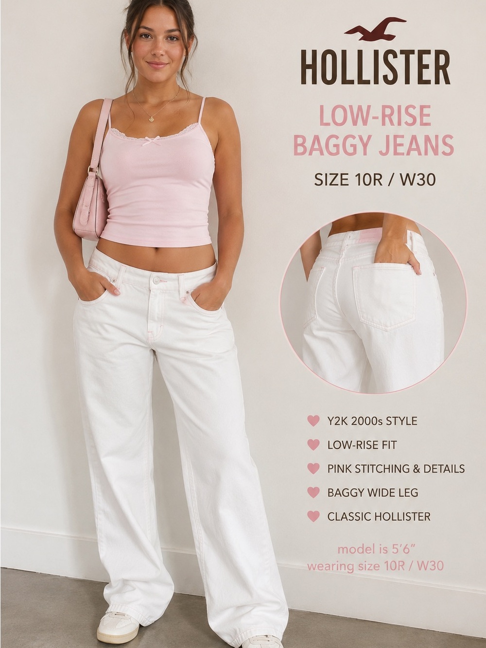 Hollister White Low Rise Baggy Jeans size 10